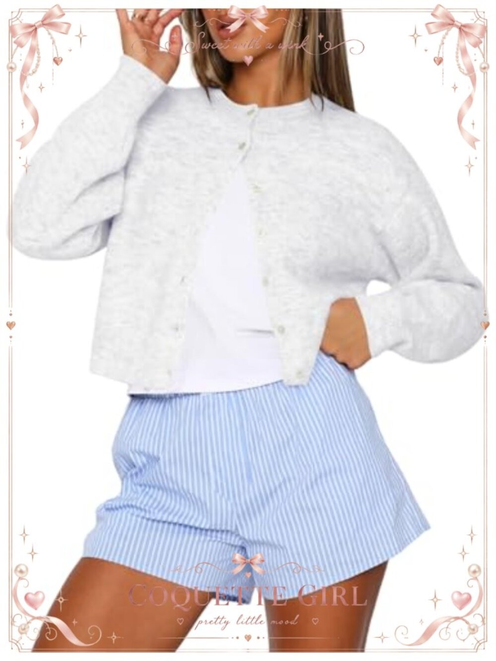 Womens Cropped Cardigan Button Up Long Sleeve Crew Neck Lightweight Knit Sweater